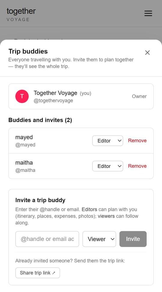 The Trip buddies window listing the owner, two editors and an invite box